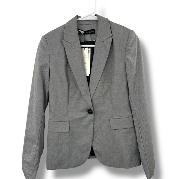 NEW Zara Blazer Size 2 Black & White Houndstooth Plaid Fitted Suit Jacket NWT - Picture 1 of 9